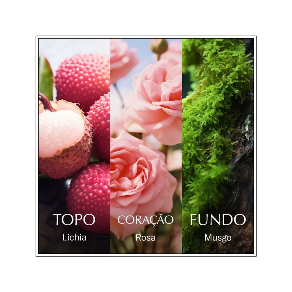 Imagem ilustrativa dos acordes olfativos do perfume com lichia, rosa e musgo